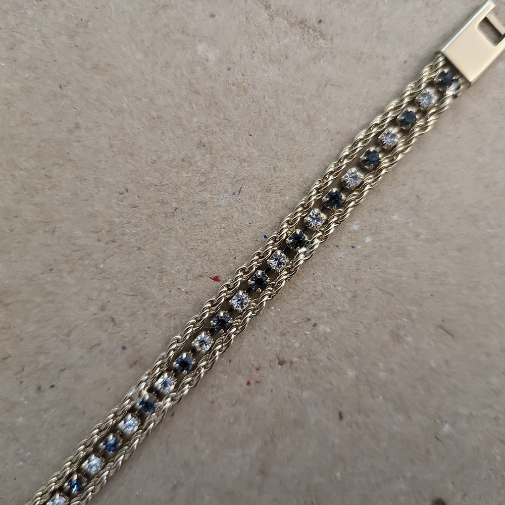 Vintage Blue & CLEAR RHINESTONE Goldtone Double Twisted Rope TENNIS BRACELET